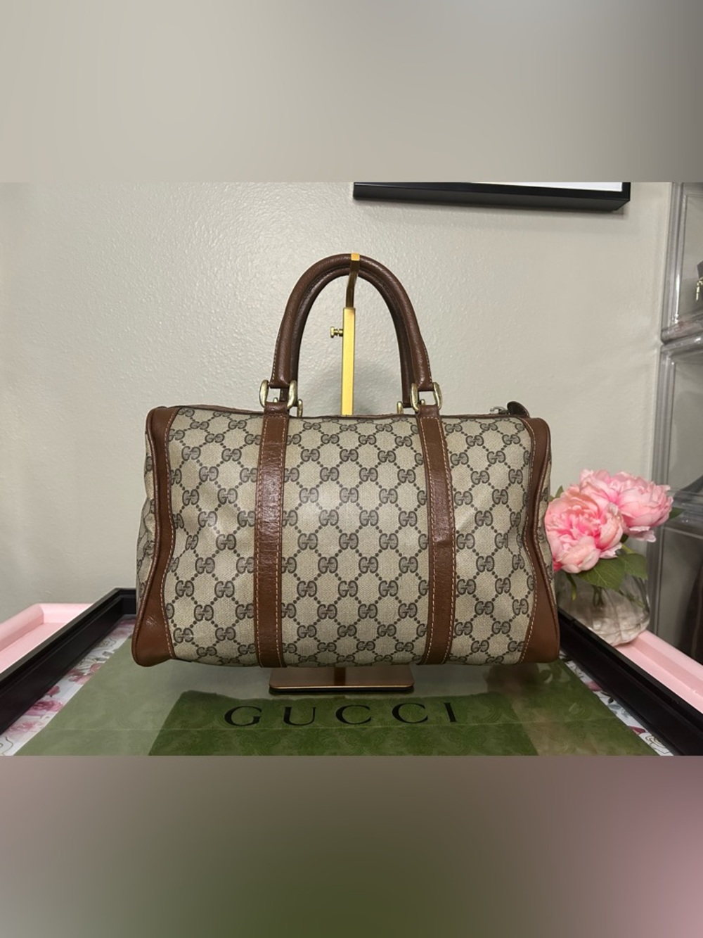 Vintage Gucci GG Supreme Boston Bag Monogram Canvas Brown Leather Duffle